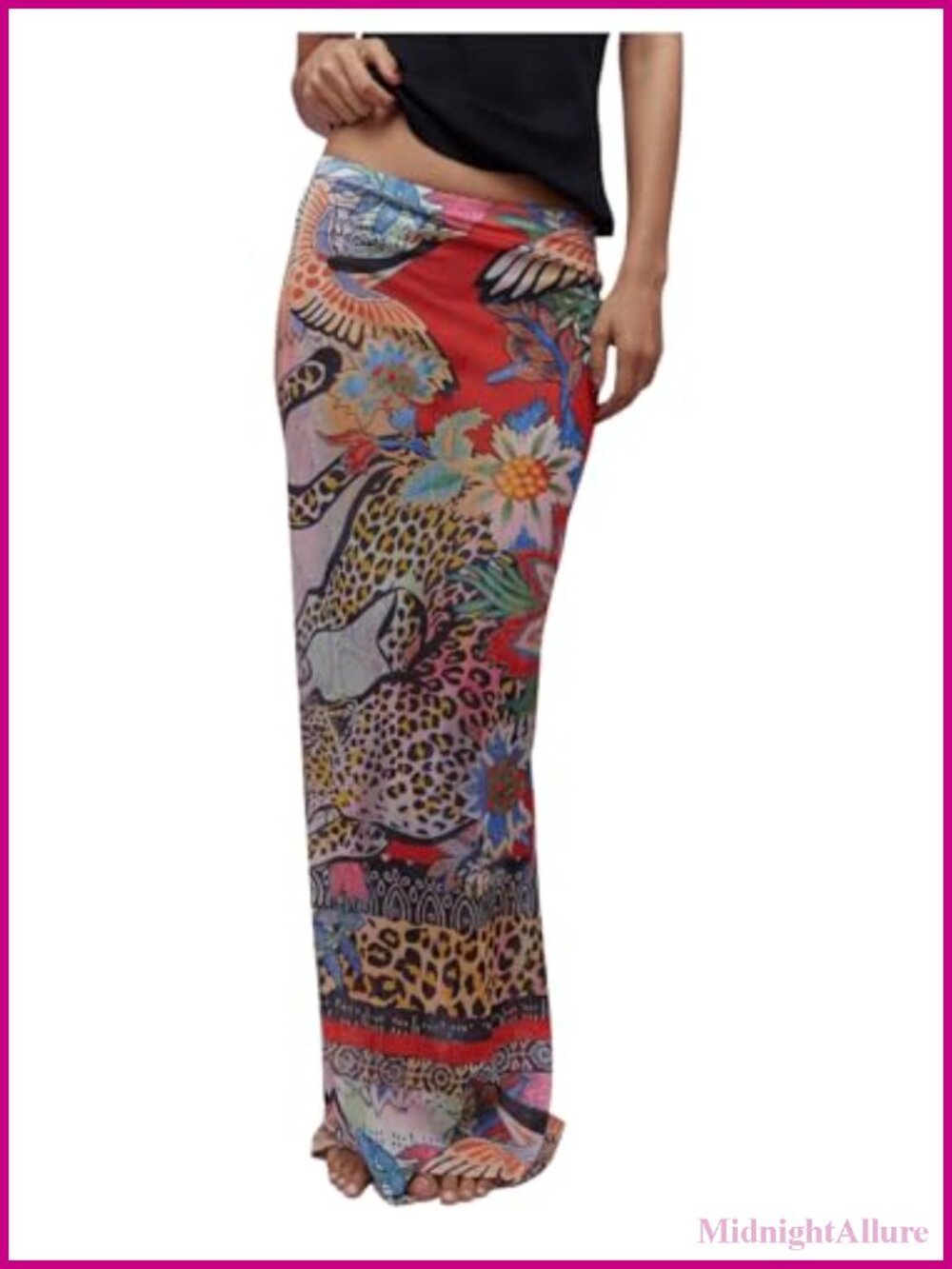 Cheetah Print Sheer Mesh Maxi Skirt Low Rise Bodycon
